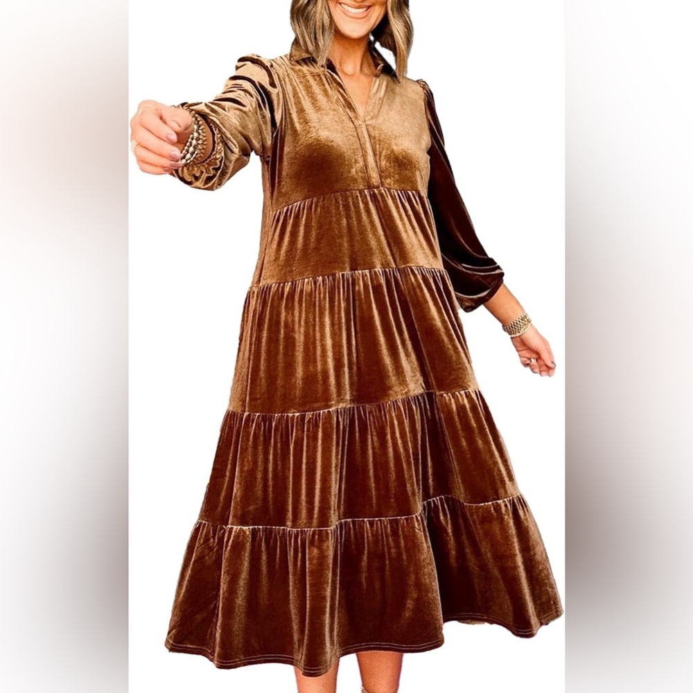 Vintage Velvet Tiered Brown Dress - Picture 1 of 2